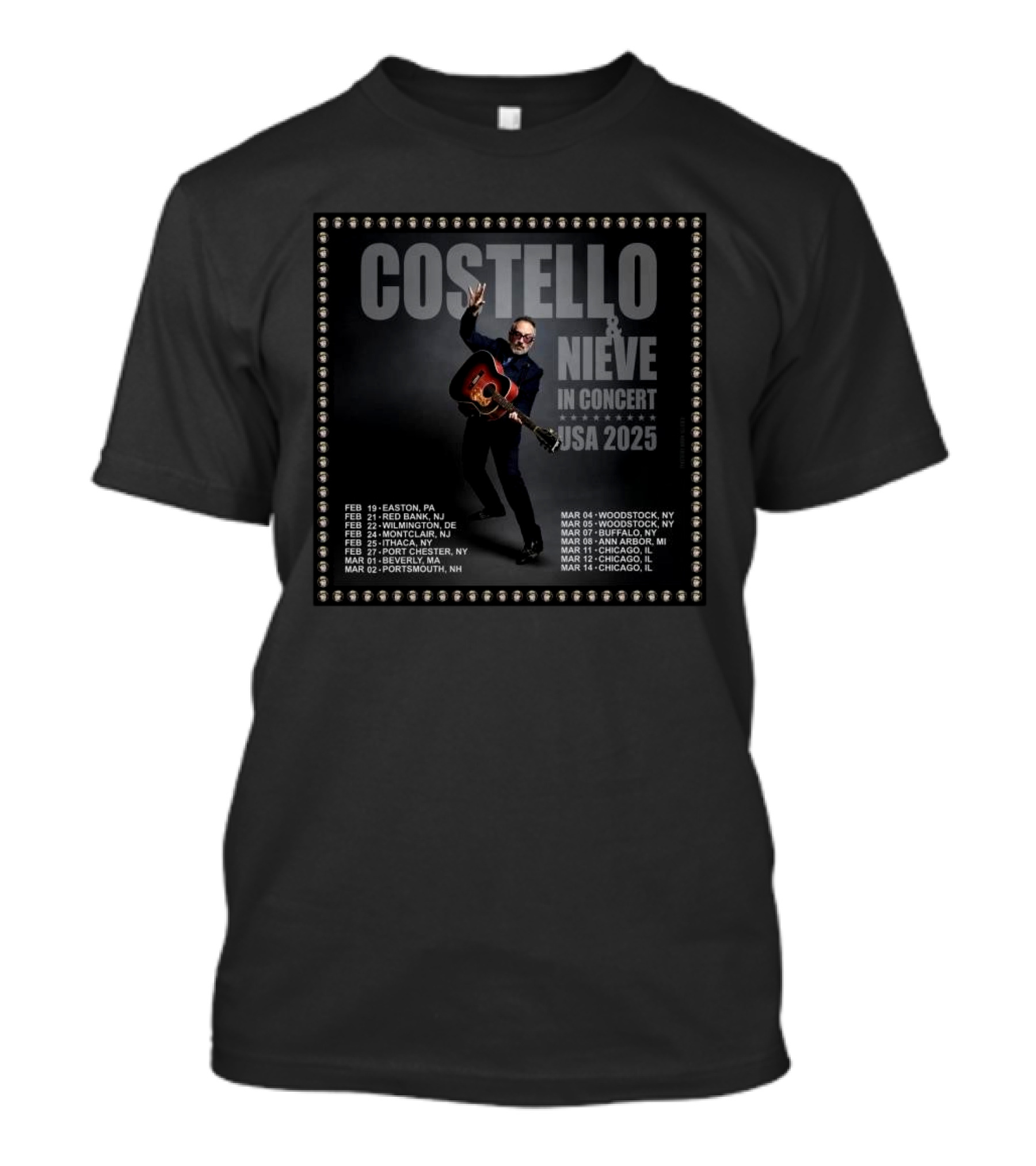 Costello And Nieve In Concert USA 2025 Tour Dates February March Easton Woodstock Chicago T-Shirt