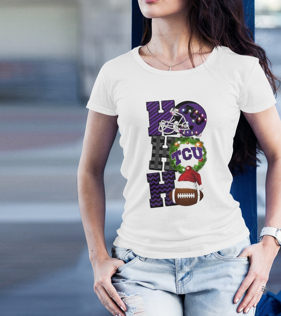 TCU Horned Frogs Football Christmas Ho Ho Ho Helmet And Wreath Game Day T-Shirt