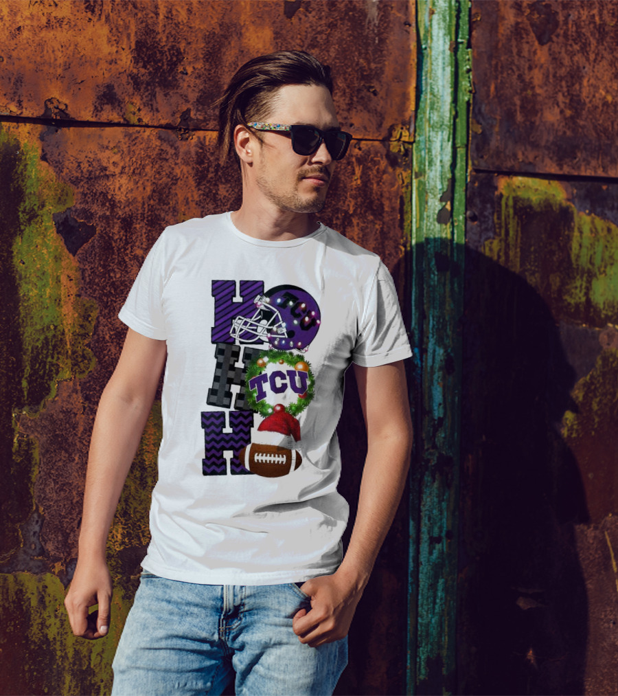 TCU Horned Frogs Football Christmas Ho Ho Ho Helmet And Wreath Game Day T-Shirt
