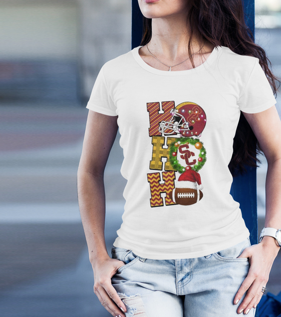 USC Trojans Football Christmas Ho Ho Ho SC Festive Helmet Wreath Game Day T-Shirt