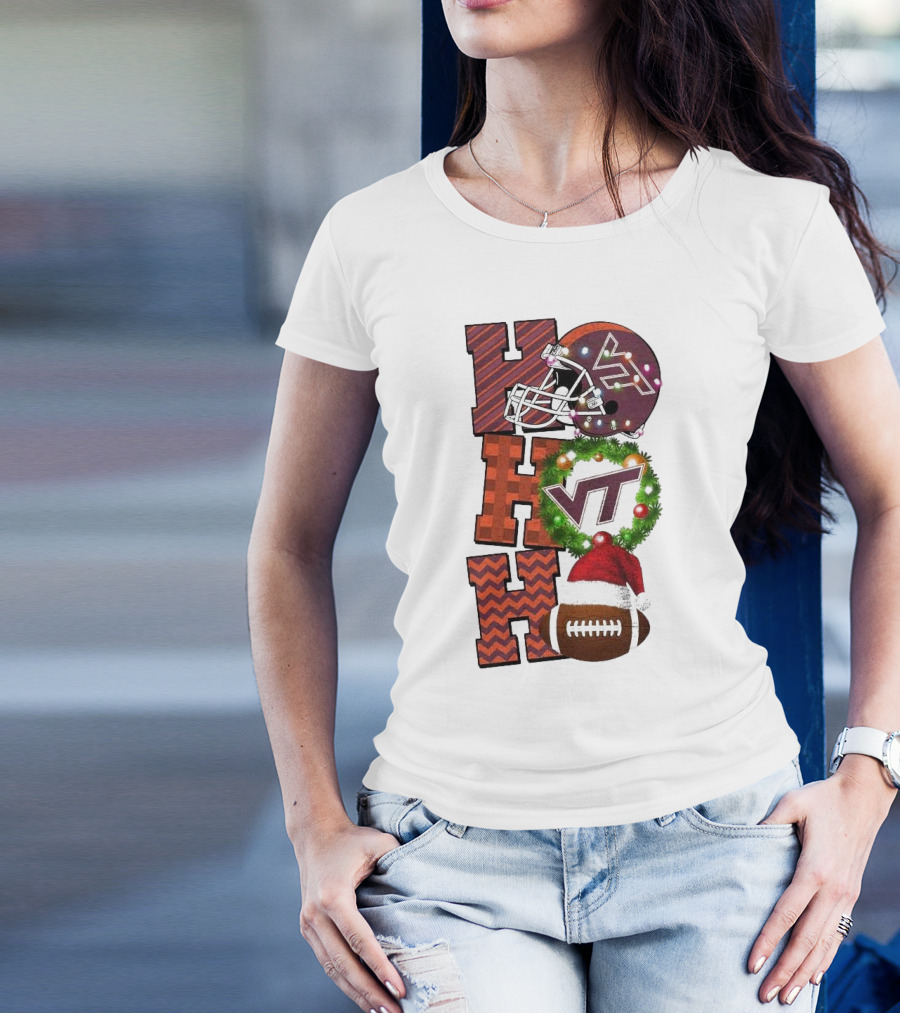 Virginia Tech Hokies Football Christmas Ho Ho Ho VT Helmet Wreath Game Day T-Shirt