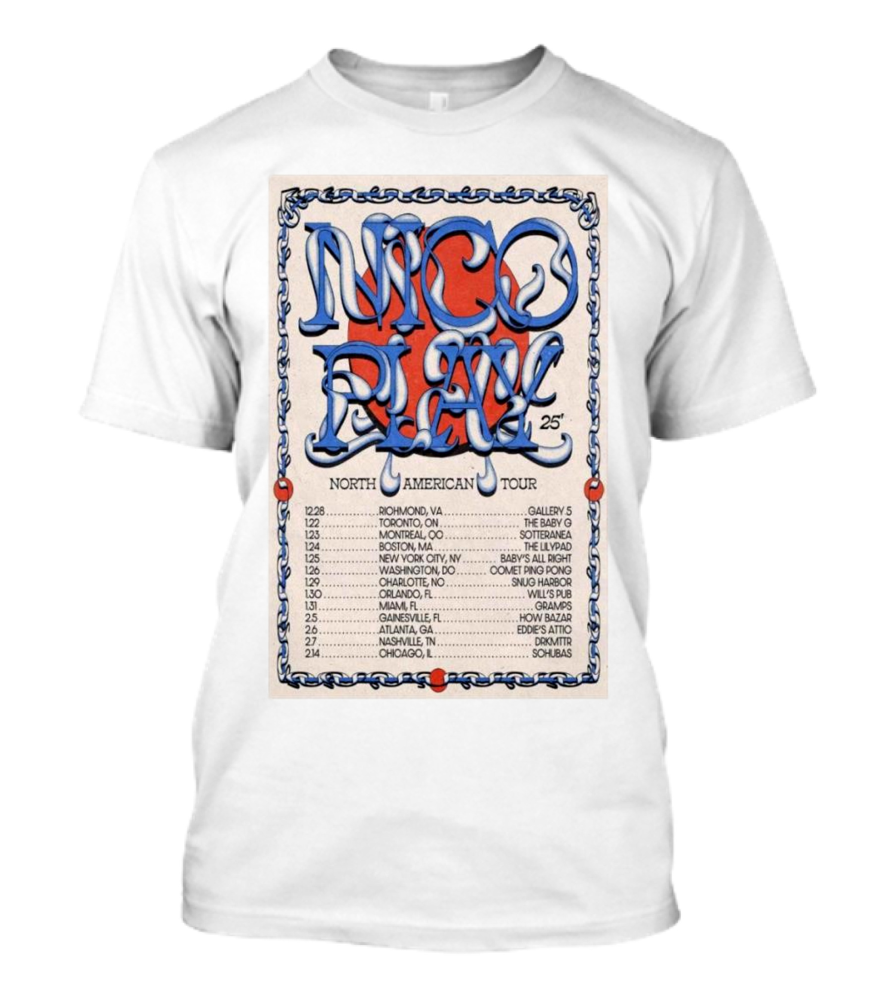 Nico Play North American Tour 2025 Richmond Toronto Montreal Boston New York Washington Charlotte Orlando Miami Gainesville Atlanta Nashville Chicago T-Shirt