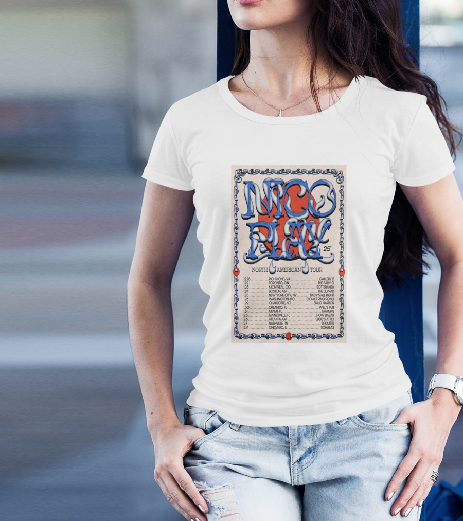 Nico Play North American Tour 2025 Richmond Toronto Montreal Boston New York Washington Charlotte Orlando Miami Gainesville Atlanta Nashville Chicago T-Shirt