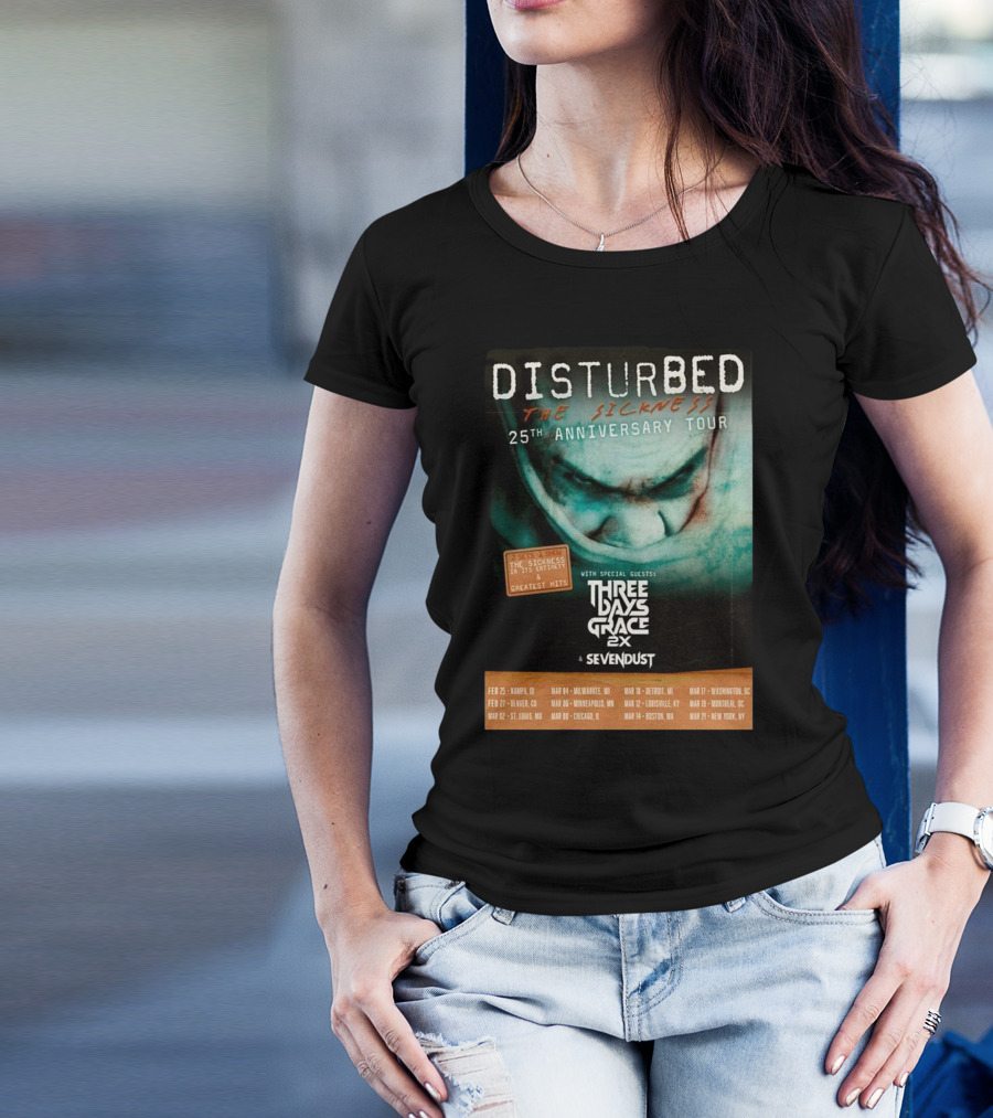 Disturbed The Sickness 25th Anniversary Tour Dates 2025 With Three Days Grace 2X Sevendust T-Shirt