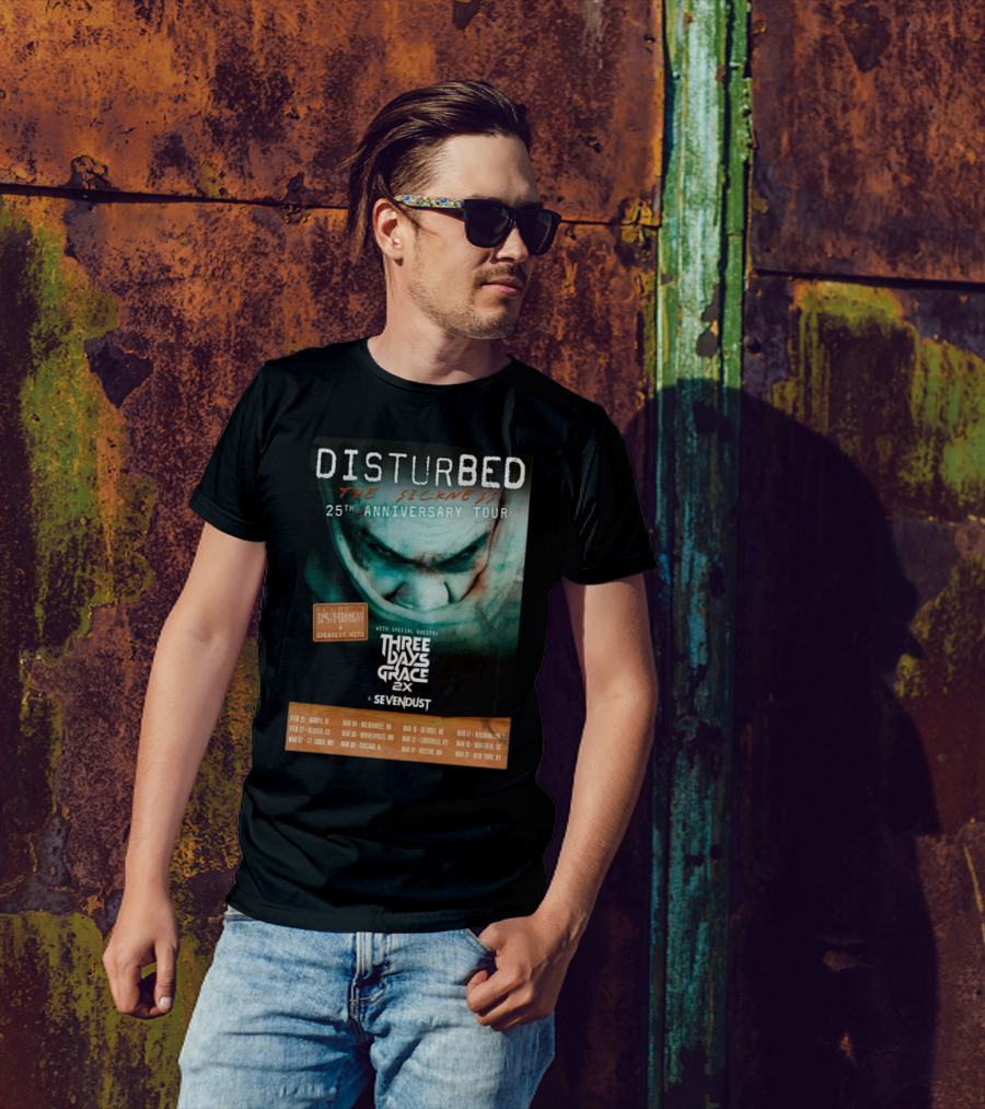 Disturbed The Sickness 25th Anniversary Tour Dates 2025 With Three Days Grace 2X Sevendust T-Shirt