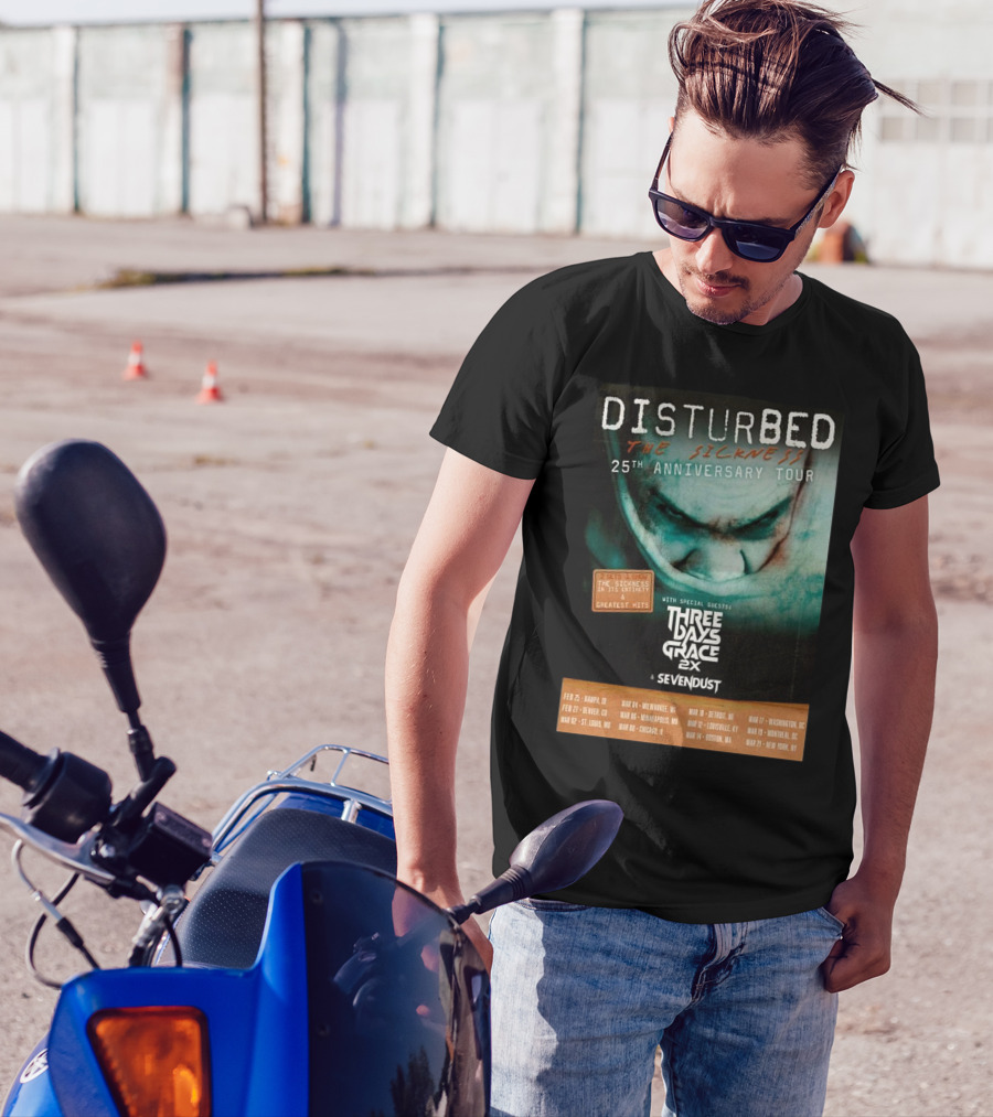 Disturbed The Sickness 25th Anniversary Tour Dates 2025 With Three Days Grace 2X Sevendust T-Shirt