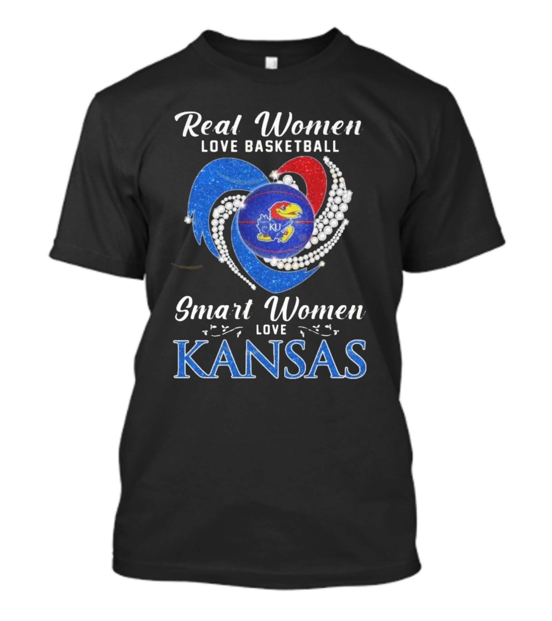 Real Women Love Basketball Smart Women Love Kansas Jayhawks KU 2024 Diamond Heart T-Shirt