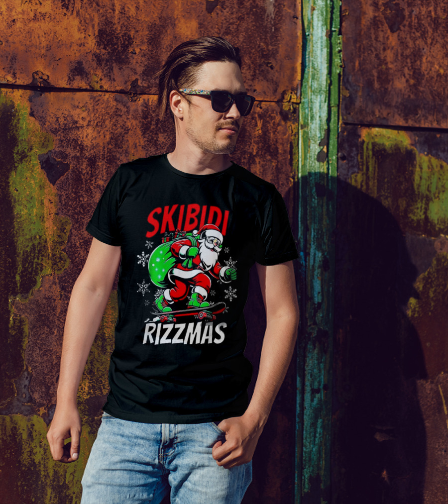 Skibidi Rizzmas 2024 Santa Skateboarding With Snowflakes T-Shirt