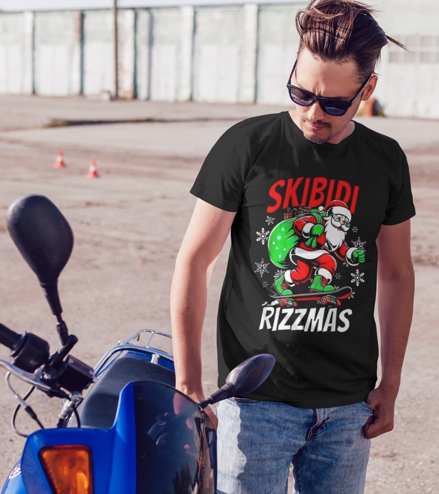 Skibidi Rizzmas 2024 Santa Skateboarding With Snowflakes T-Shirt