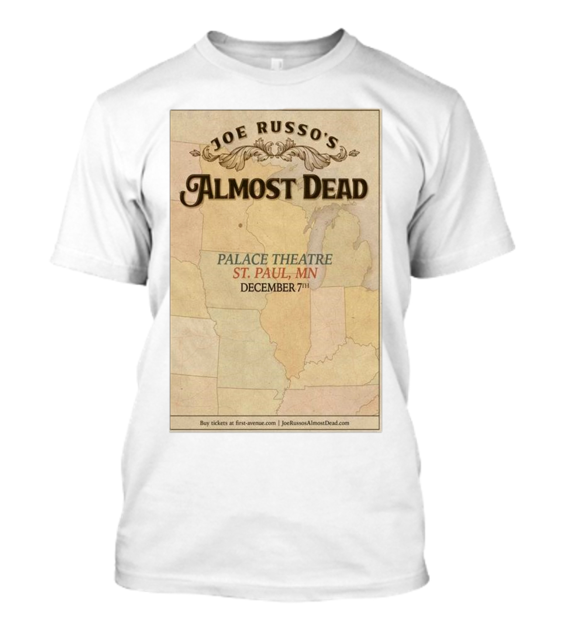 Joe Russo's Almost Dead December 7th 2024 Palace Theatre St. Paul MN Tour Poster With Vintage Map T-Shirt