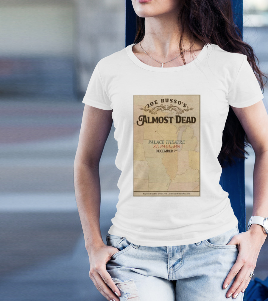 Joe Russo's Almost Dead December 7th 2024 Palace Theatre St. Paul MN Tour Poster With Vintage Map T-Shirt