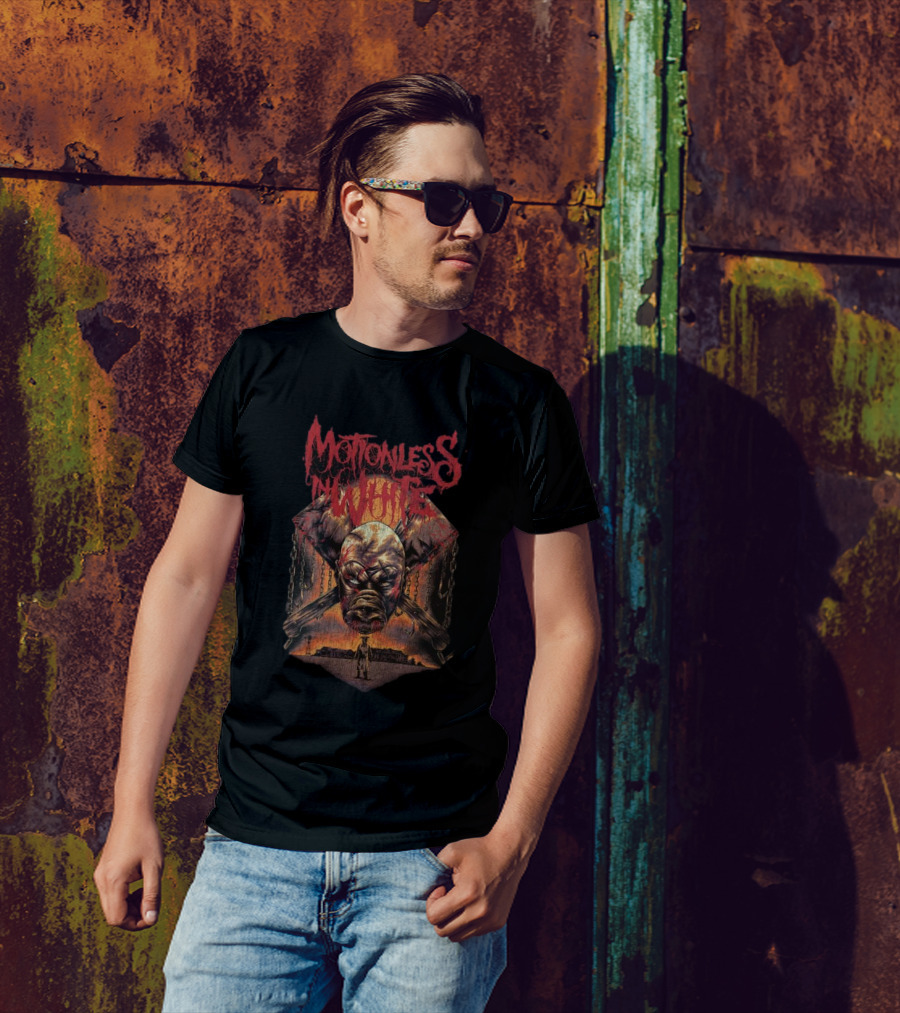 Motionless In White Slaughterhouse Horror Mask Chains Crossed Axes T-Shirt