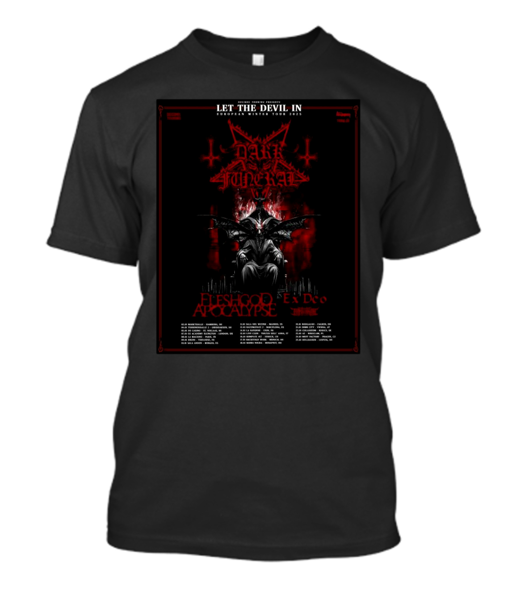 Let The Devil In European Winter Tour 2025 Dark Funeral Fleshgod Apocalypse Ex Deo Nordic Metal Assault T-Shirt