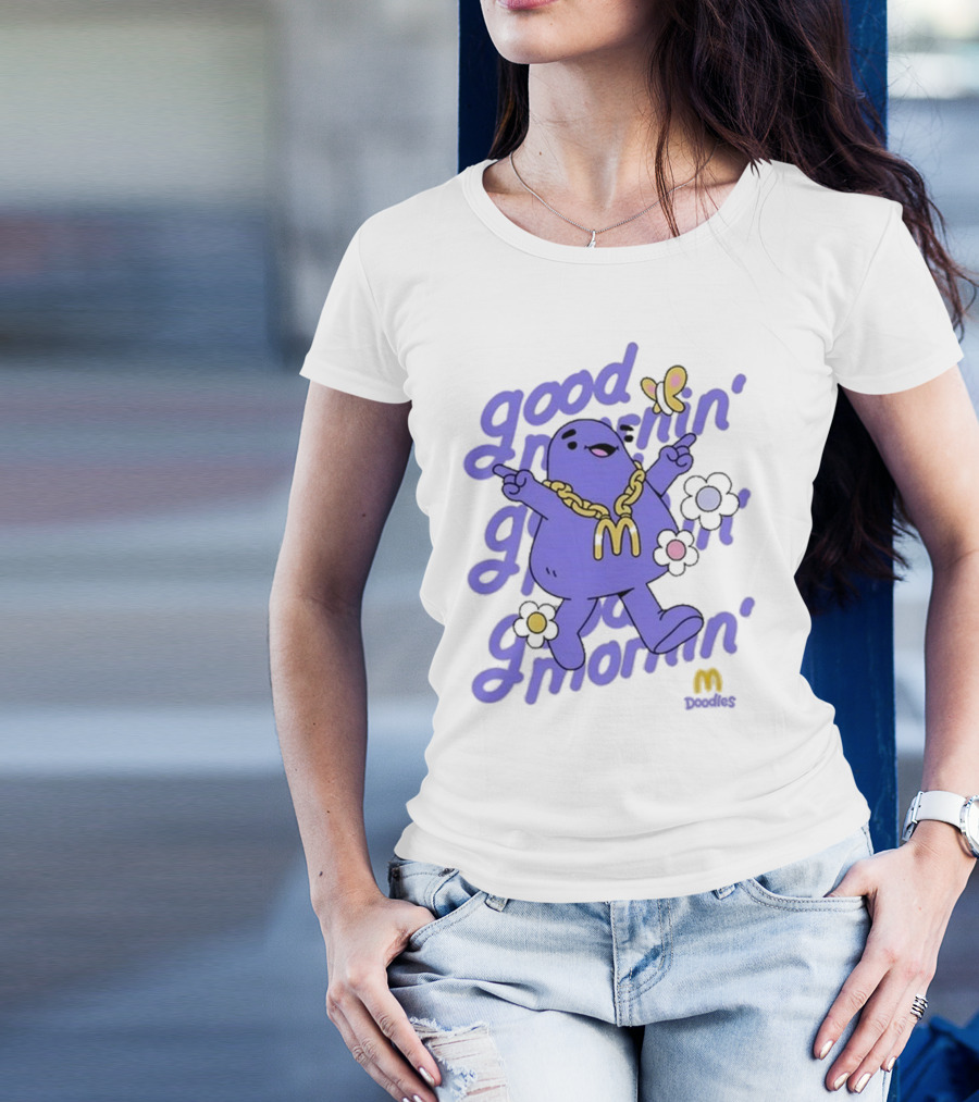 Good Mornin’ Grimace Doodles McDonald’s Butterfly Flowers T-Shirt