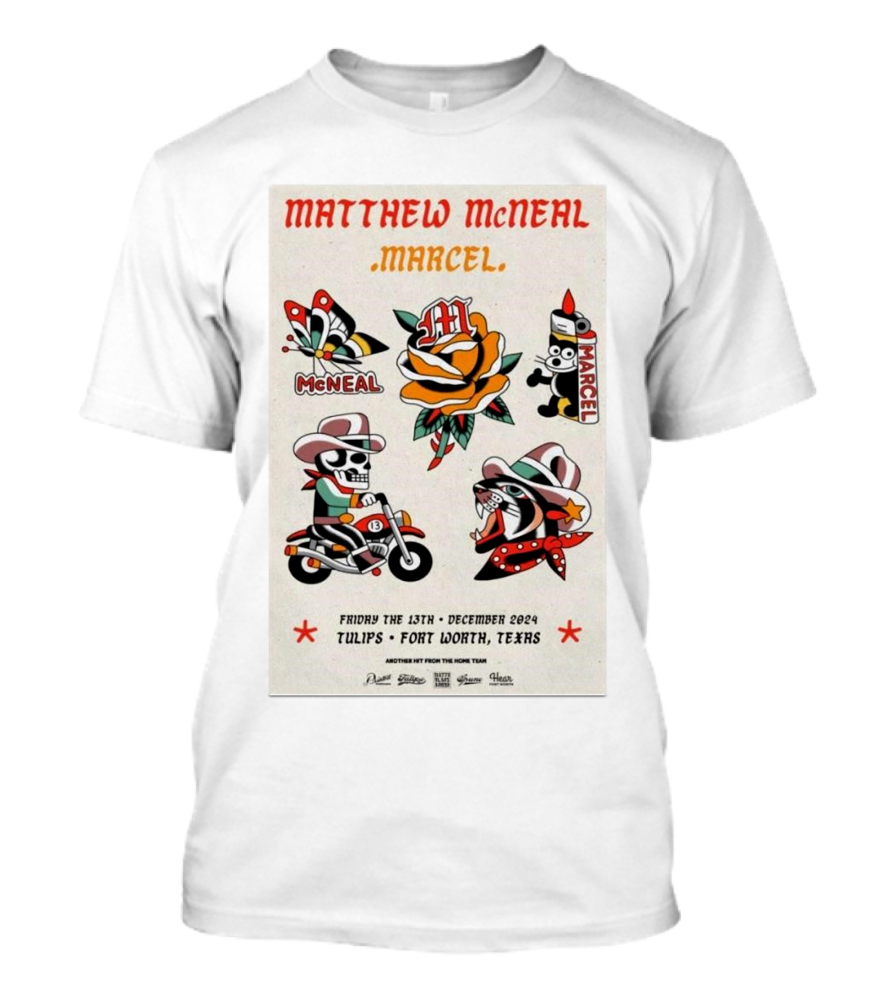 Matthew McNeal Marcel Tour December 13 2024 At Tulips Fort Worth TX Featuring Iconic Tattoo-Style T-Shirt
