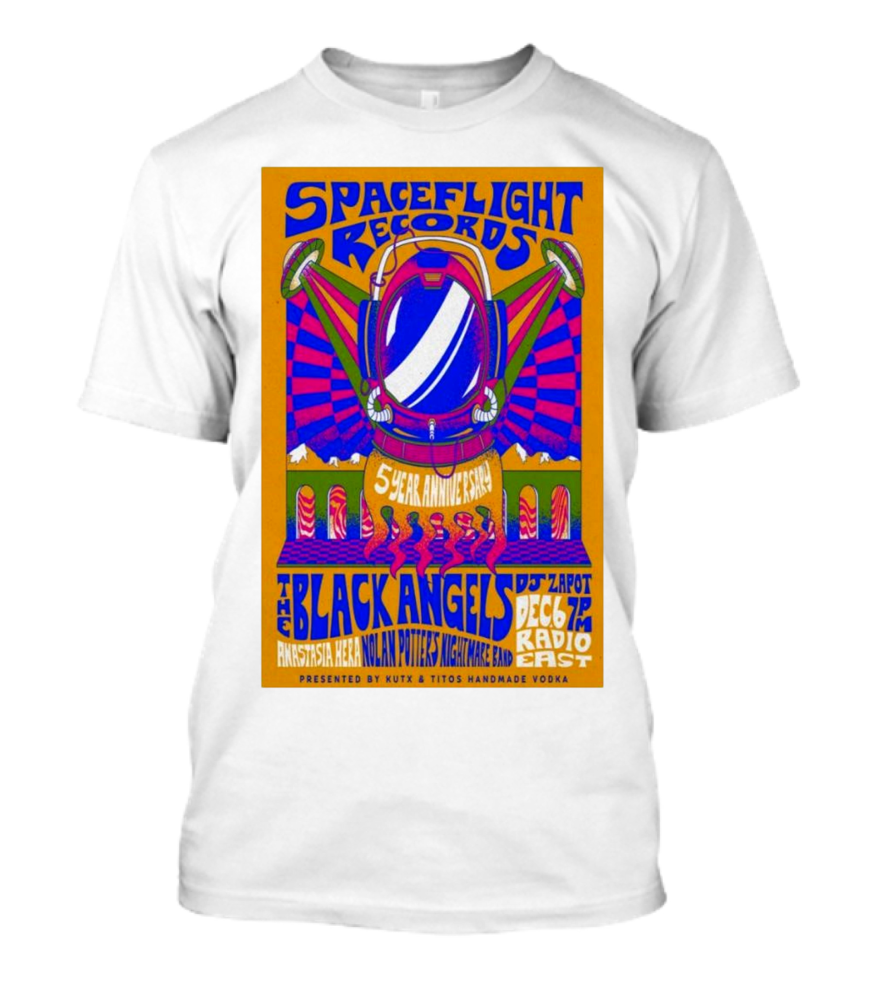 Spaceflight Records 5-Year Anniversary Austin TX December 6 2024 The Black Angels NOLAN Potter DJ Zapot Radio East 7PM Presented By KUTX Tito's Handmade Vodka T-Shirt