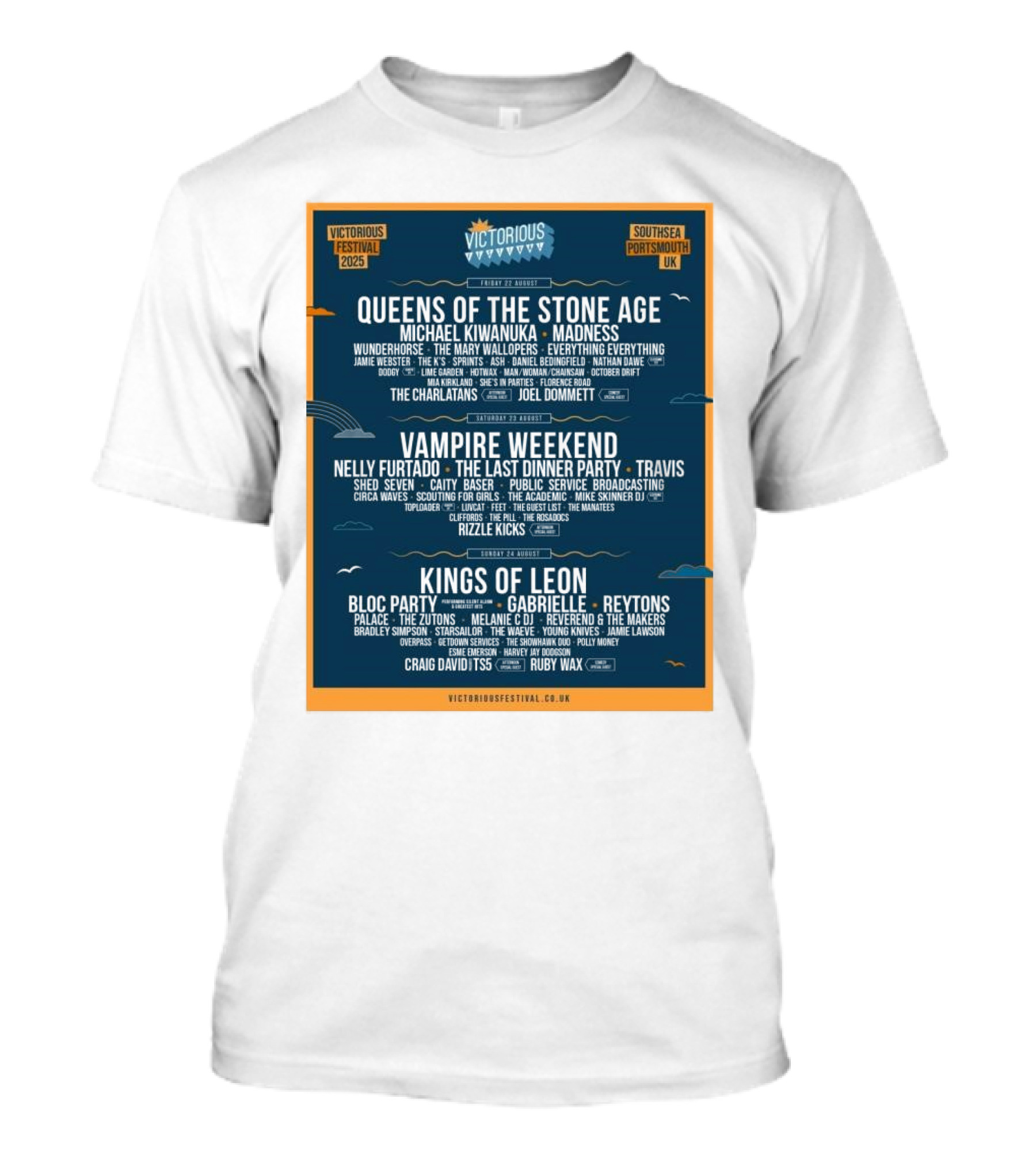 Victorious Festival 2025 Southsea Portsmouth UK Lineup Featuring Queens Of The Stone Age Vampire Weekend Kings Of Leon From August 22 To 24 T-Shirt
