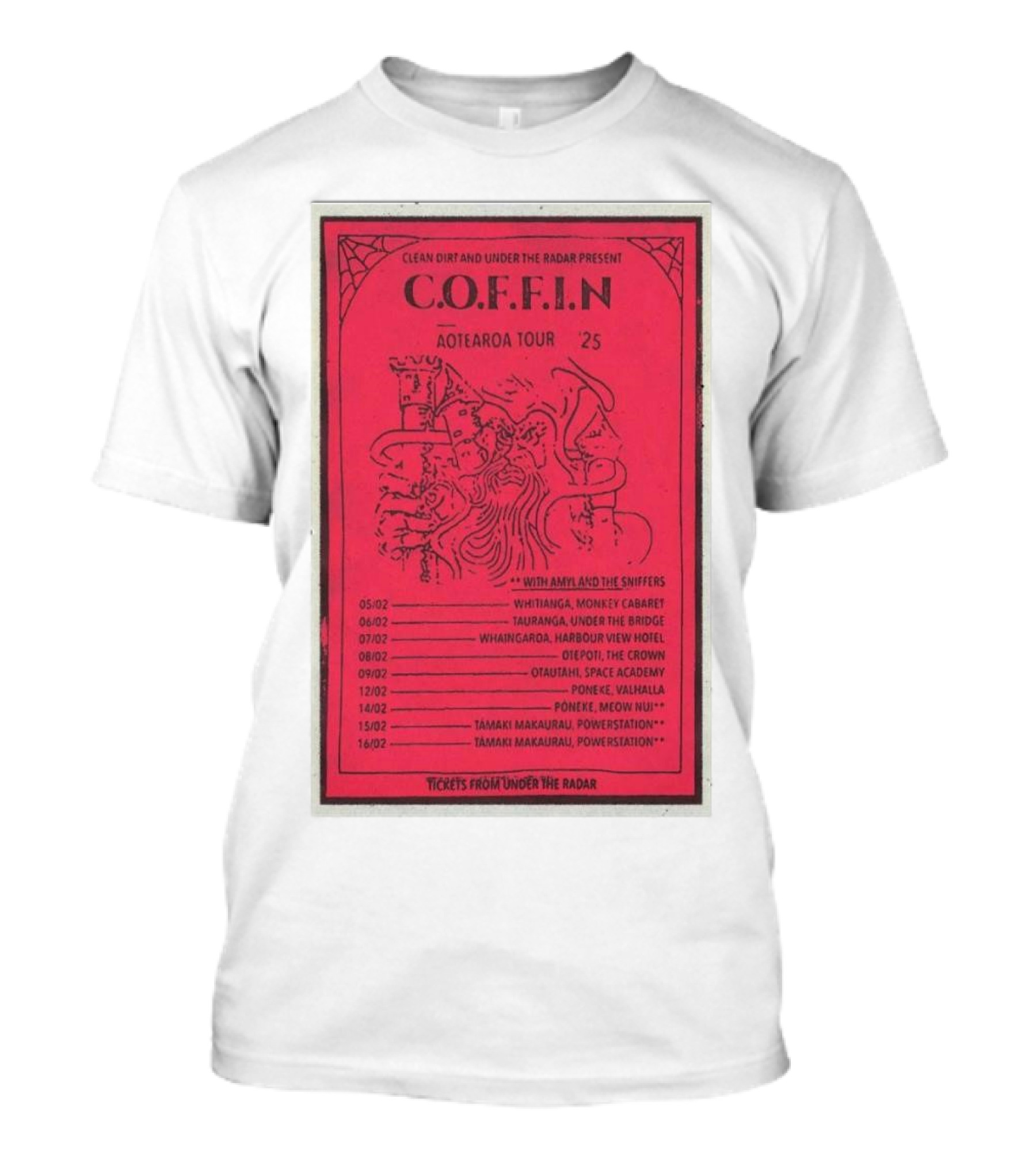 C.O.F.F.I.N Aotearoa Tour 2025 With Amyl And The Sniffers Tickets From Under The Radar T-Shirt