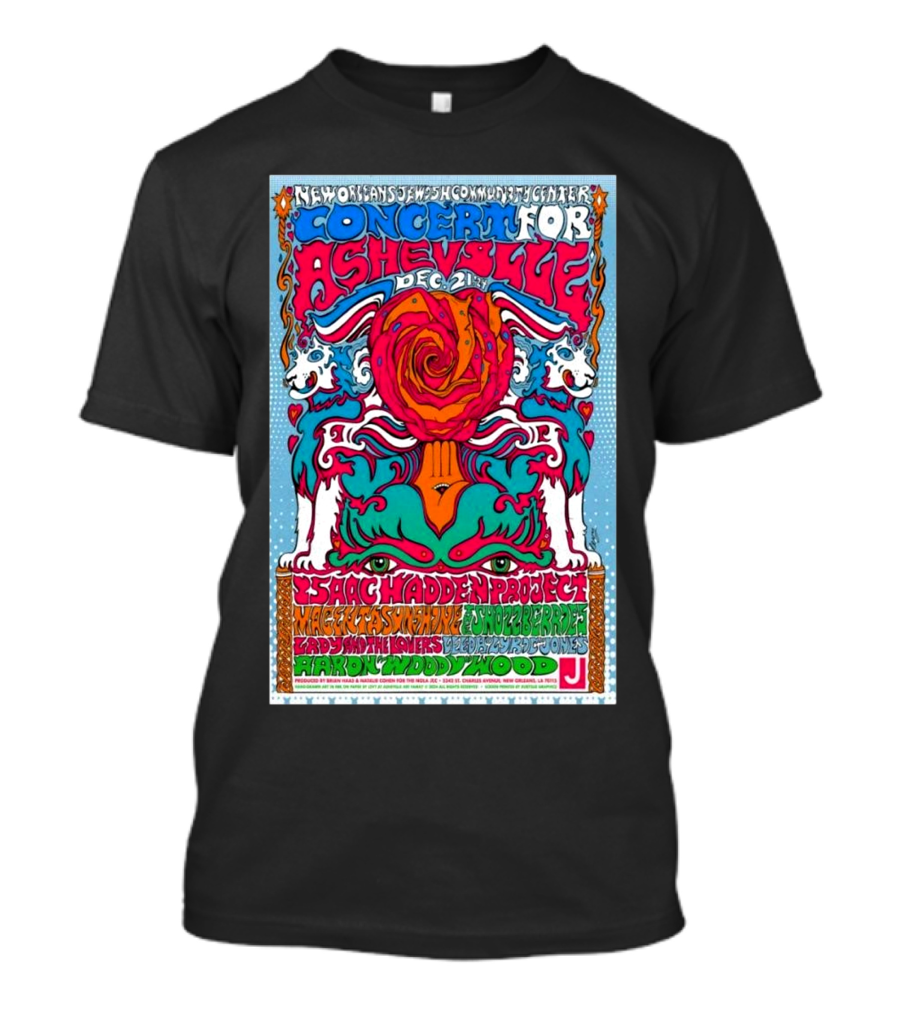 New Orleans Jewish Community Center Concert For Asheville December 21 Isaac Hadden Project Maggie Asselin Nate Laban Zion Harmonizers Freddie Blue Airkoy Woody Wood T-Shirt