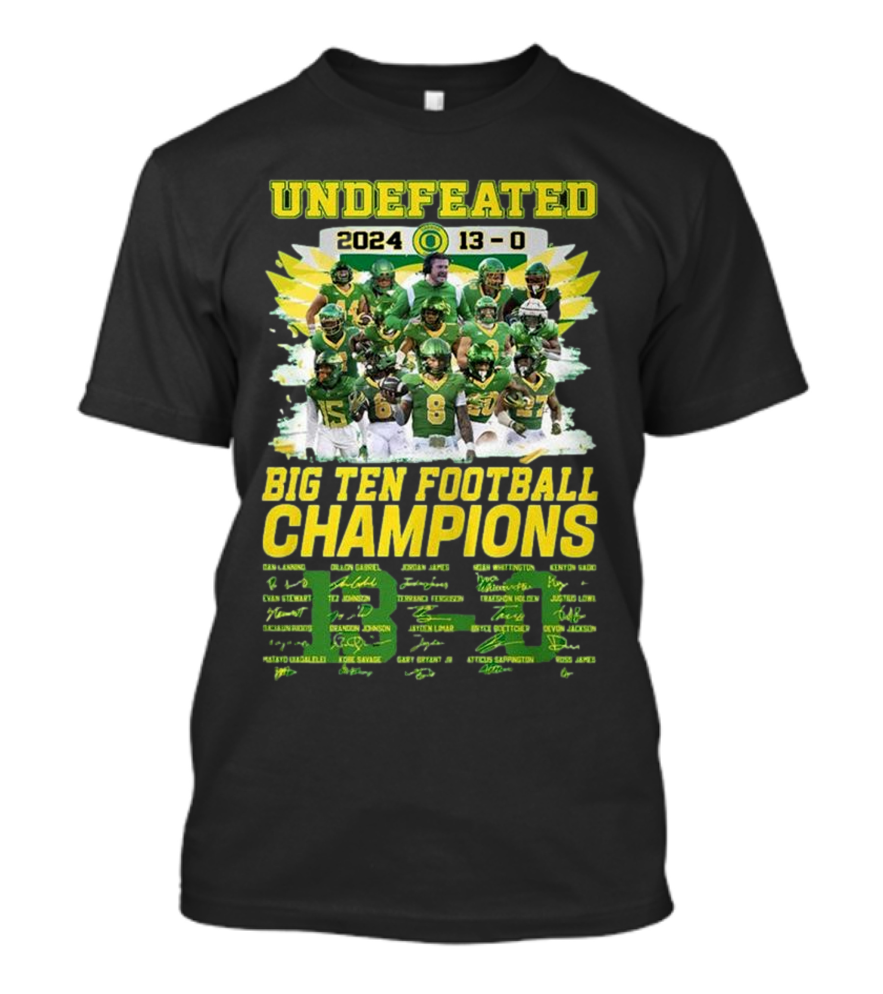 Undefeated 2024 Oregon Ducks 13-0 Big Ten Football Champions Signatures T-Shirt