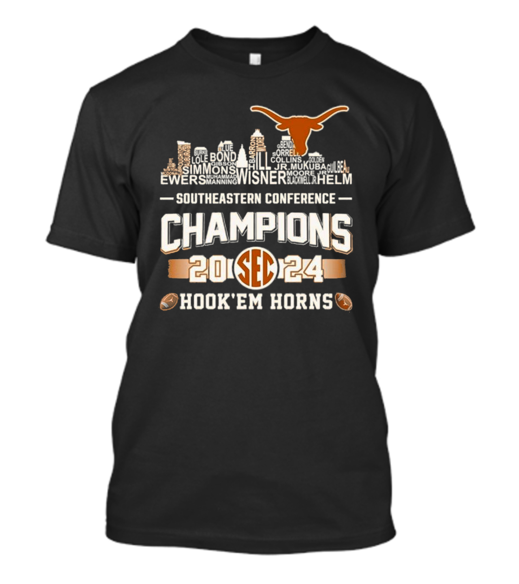 Texas Longhorns 2024 Southeastern Conference Champions Hook 'Em Horns Skyline T-Shirt