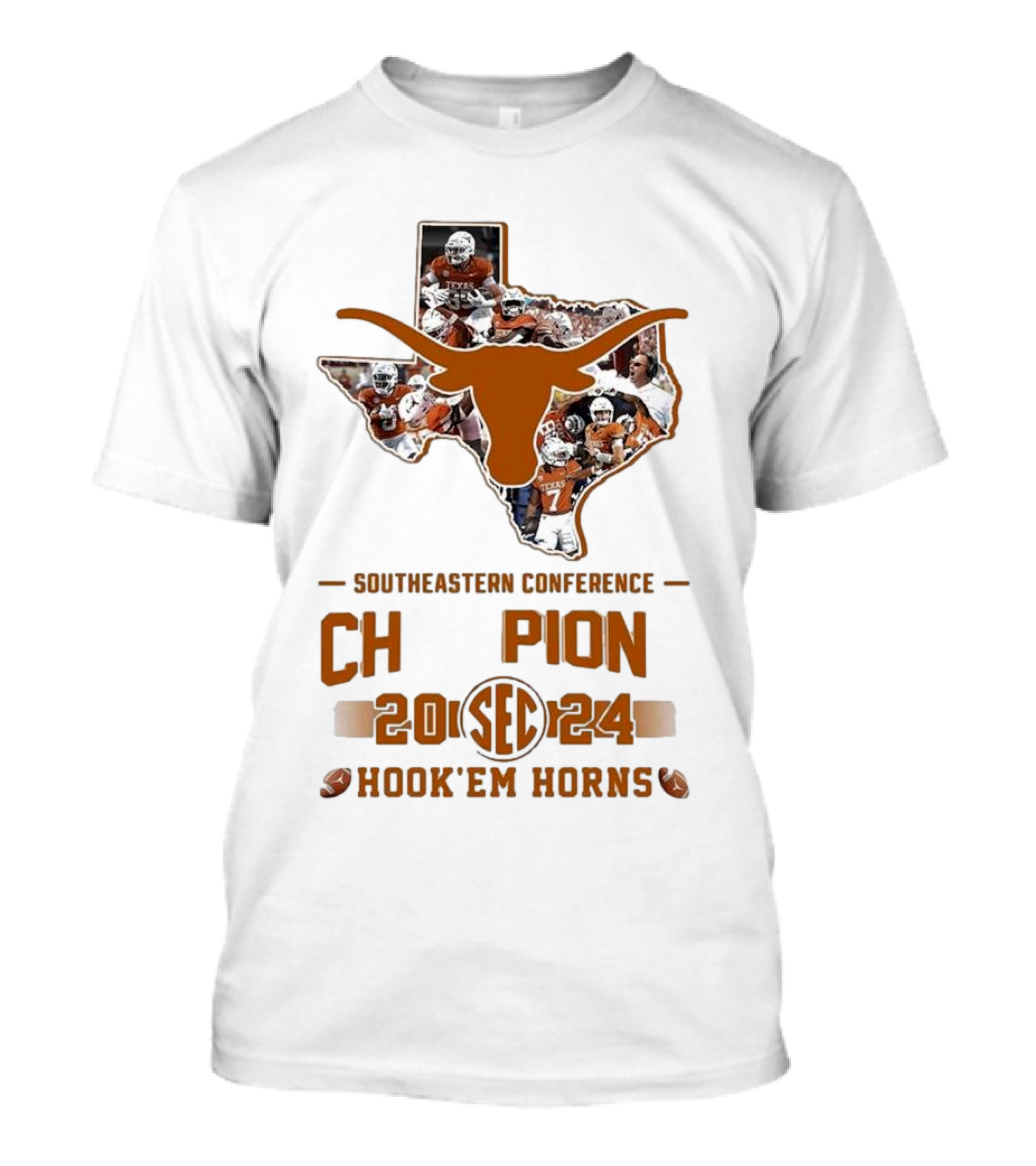 Texas Longhorns SEC Champion 2024 Hook ‘Em Horns State Map T-Shirt
