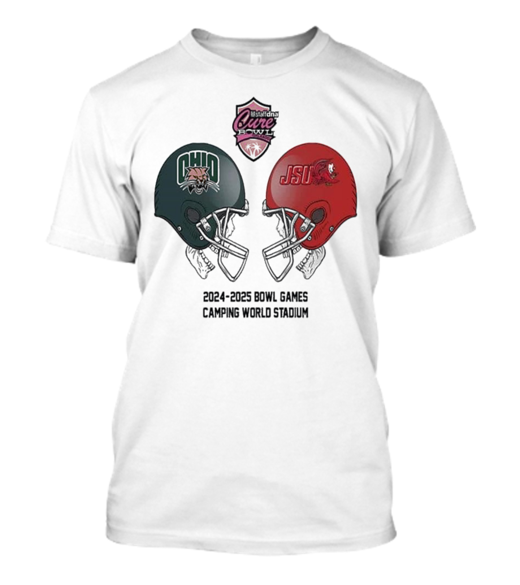 StaffDNA Cure Bowl 2024-2025 NCAA Bowl Games Ohio Bobcats Vs JSU Camping World Stadium Helmet Matchup T-Shirt