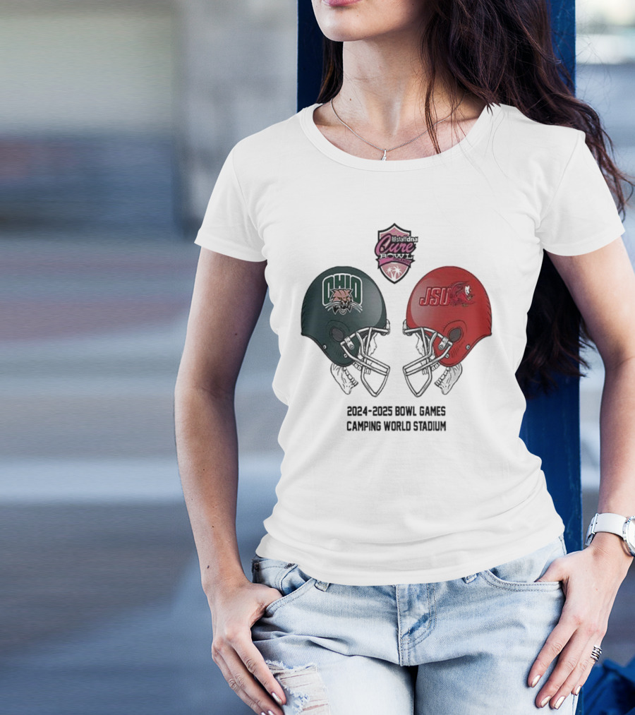 StaffDNA Cure Bowl 2024-2025 NCAA Bowl Games Ohio Bobcats Vs JSU Camping World Stadium Helmet Matchup T-Shirt