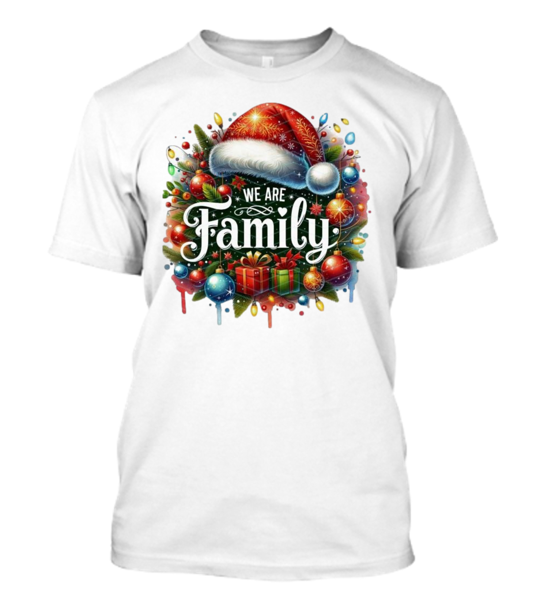 We Are Family Christmas 2024 Santa Hat Ornaments Presents Festive Crew T-Shirt