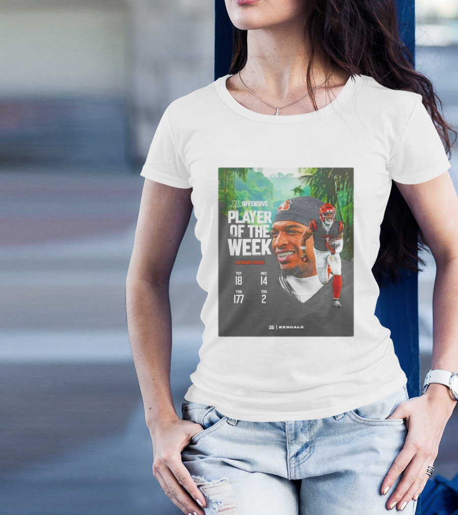 Ja’Marr Chase Cincinnati Bengals AFC Offensive Player Of The Week TGT 18 REC 14 YDS 177 TDS 2 Bengals T-Shirt