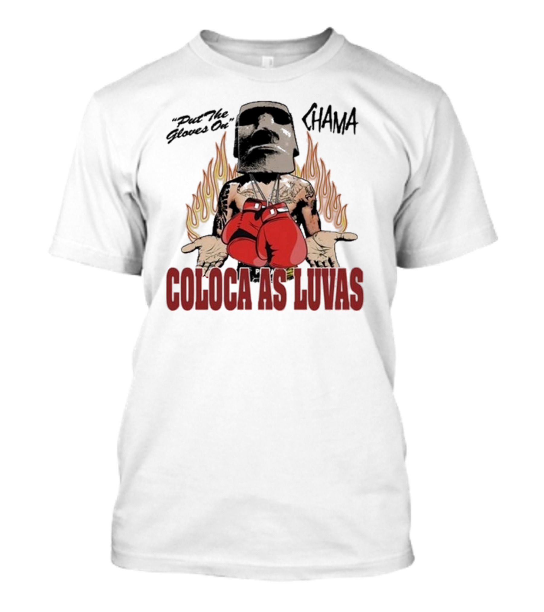 Put The Gloves On Chama 2024 Coloca As Luvas Flame Background Boxing Gloves Iconic Mask T-Shirt