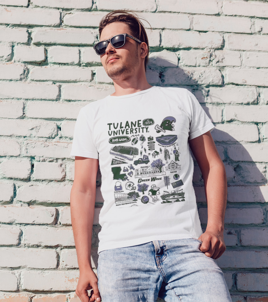Tulane University Green Wave Roll Wave New Orleans Landmarks Est 1834 Tulane Stadium Riptide Mascot Iconography T-Shirt