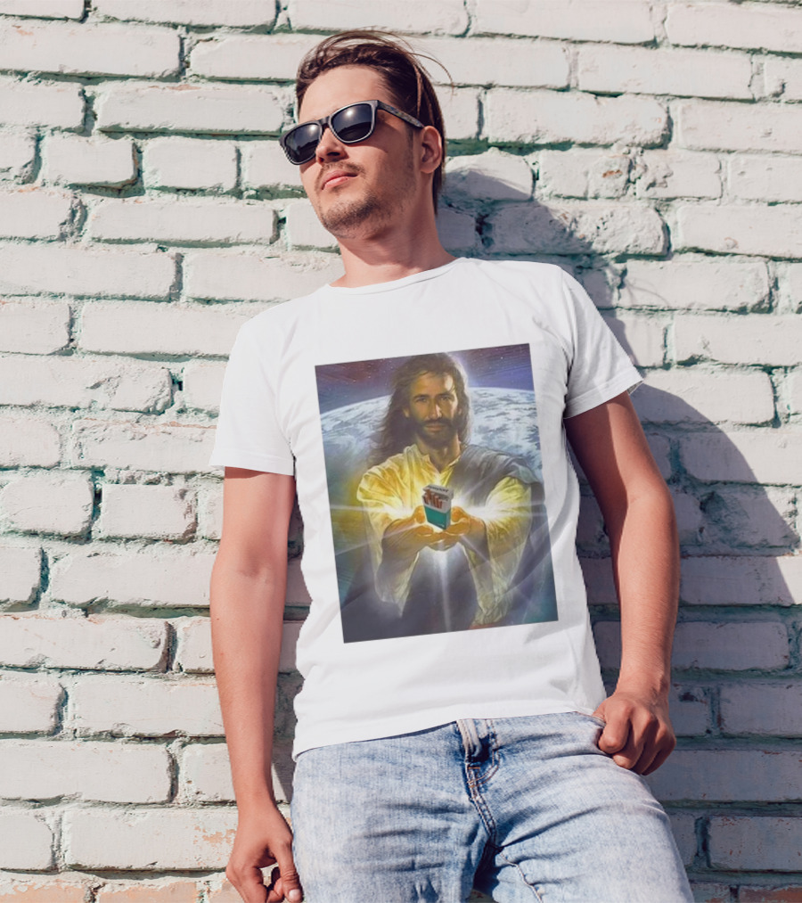 Jesus Offering Marlboro Cigarettes On Cosmic Background T-Shirt