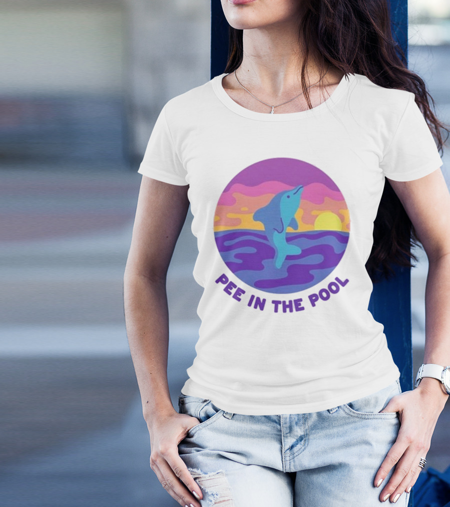 Pee In The Pool Dolphin Retro Sunset Ocean Scene T-Shirt