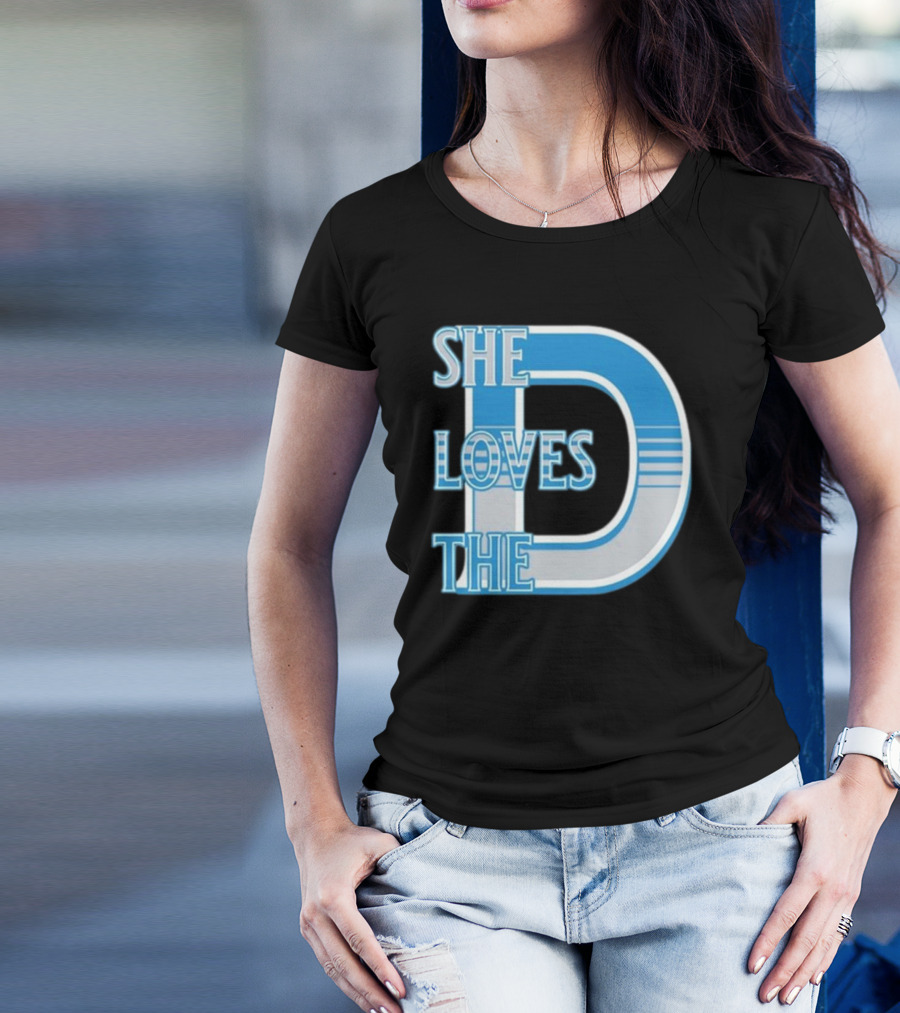 She Loves The D Detroit Blue Striped Lettering T-Shirt