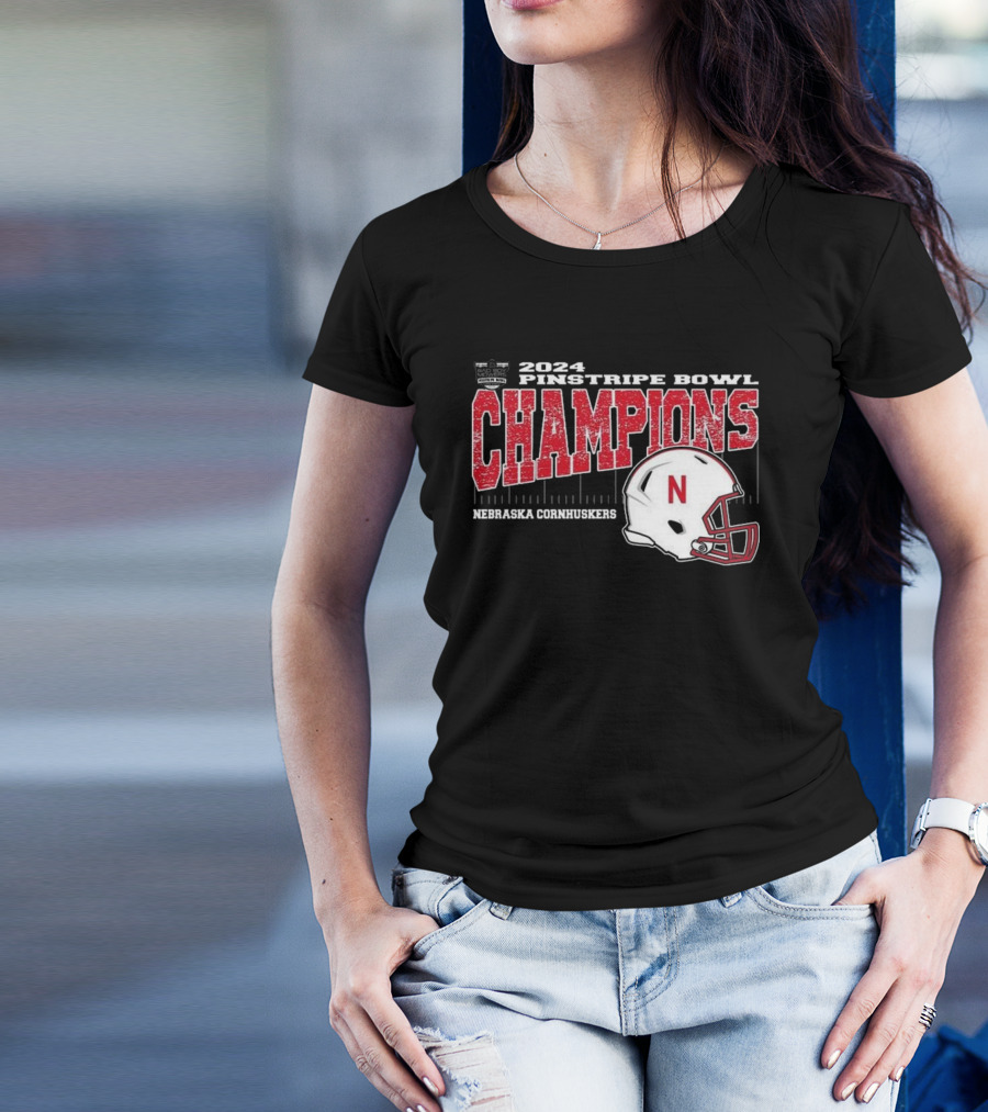 Nebraska Cornhuskers 2024 Pinstripe Bowl Champions Helmet T-Shirt