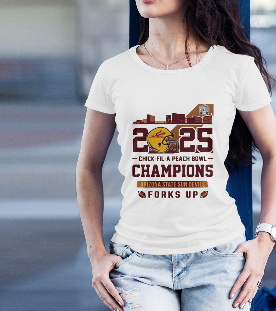 2025 Chick-fil-A Peach Bowl Champions Arizona State Sun Devils Forks Up Skyline T-Shirt