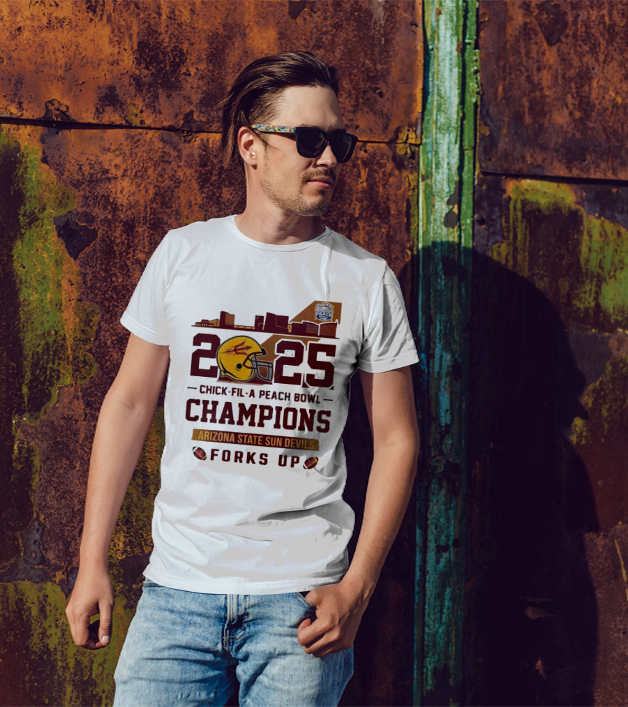 2025 Chick-fil-A Peach Bowl Champions Arizona State Sun Devils Forks Up Skyline T-Shirt