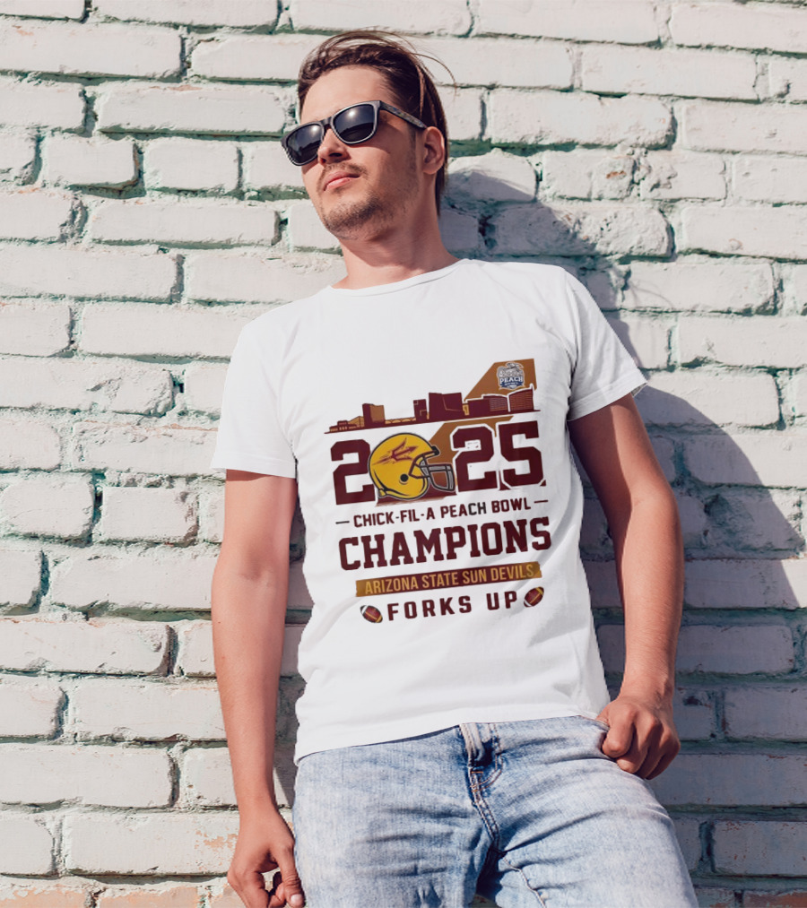 2025 Chick-fil-A Peach Bowl Champions Arizona State Sun Devils Forks Up Skyline T-Shirt
