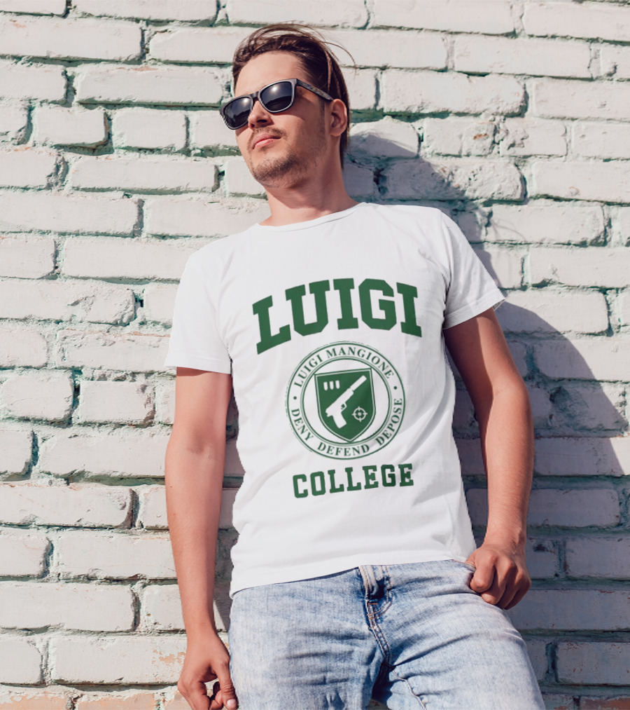 Luigi Mangione College Deny Defend Depose Emblem T-Shirt