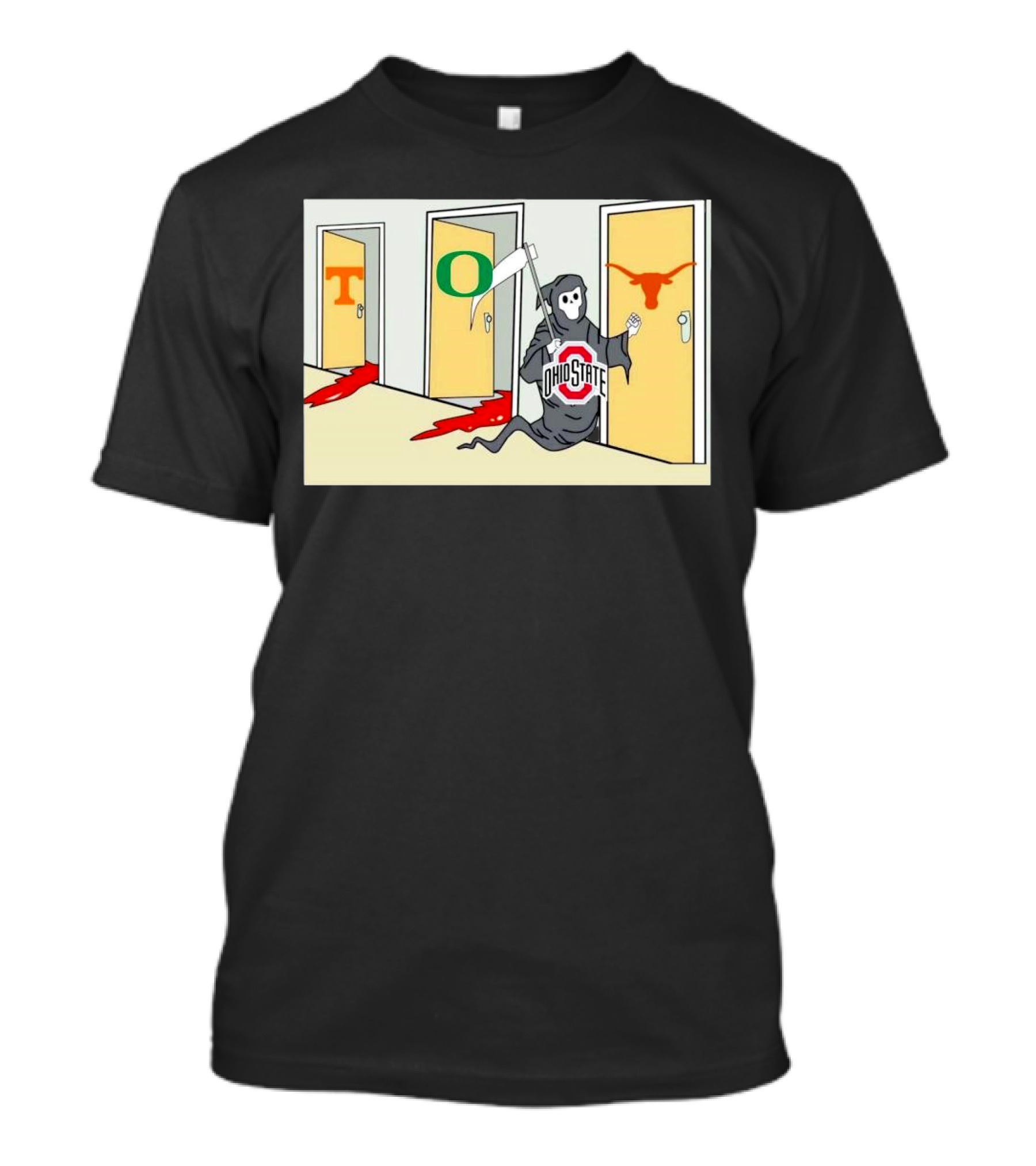 Ohio State Buckeyes Grim Reaper Confronts Texas Longhorns After Defeating Tennessee Volunteers And Oregon Ducks T-Shirt