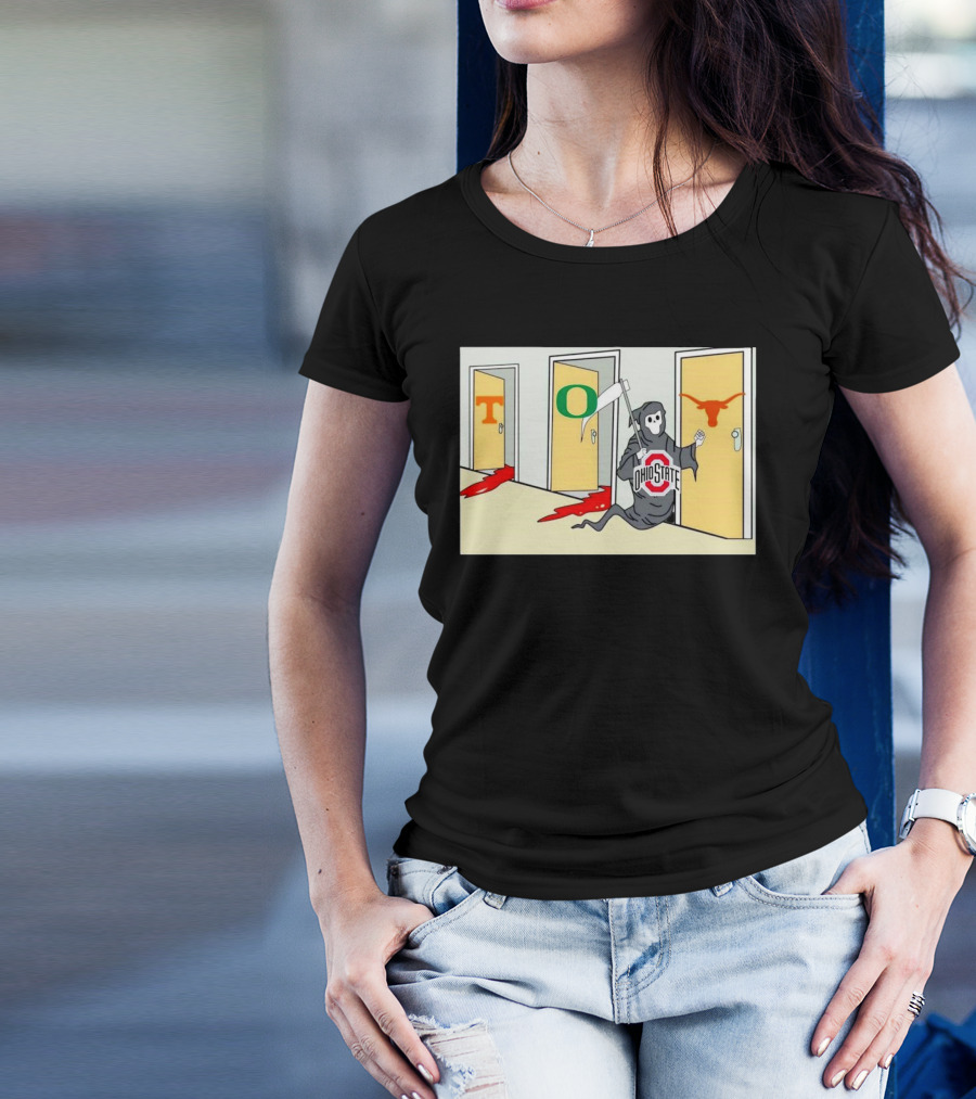 Ohio State Buckeyes Grim Reaper Confronts Texas Longhorns After Defeating Tennessee Volunteers And Oregon Ducks T-Shirt
