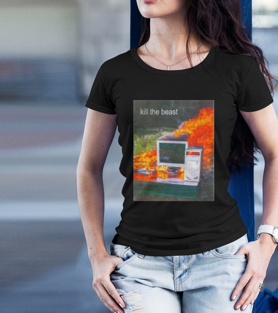Kill The Beast Flaming Computer Dogecore Duel Monitors T-Shirt