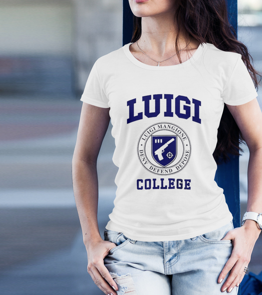 Luigi College Luigi Mangione Deny Defend Depose Badge Emblem T-Shirt