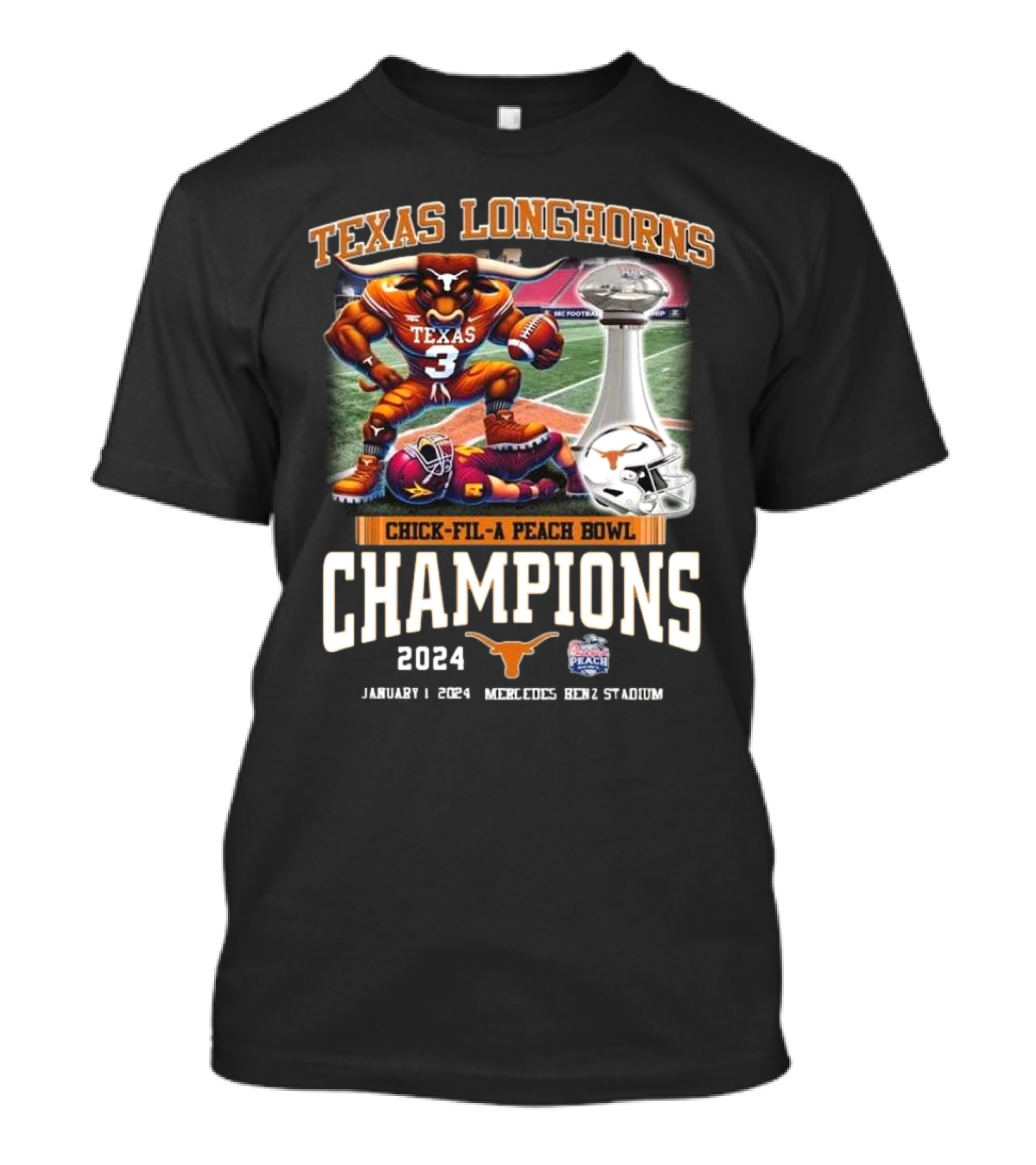 Texas Longhorns Chick-fil-A Peach Bowl Champions 2024 Mercedes Benz Stadium Football Trophy T-Shirt