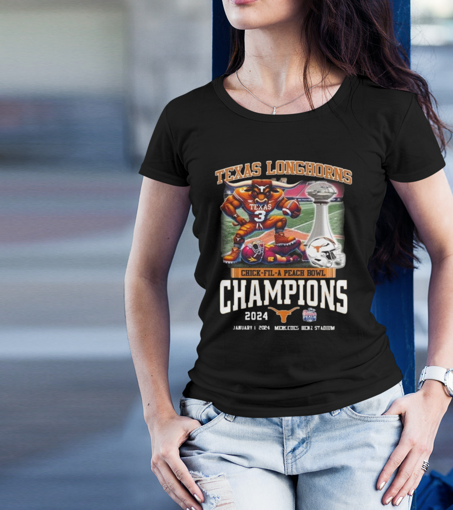 Texas Longhorns Chick-fil-A Peach Bowl Champions 2024 Mercedes Benz Stadium Football Trophy T-Shirt
