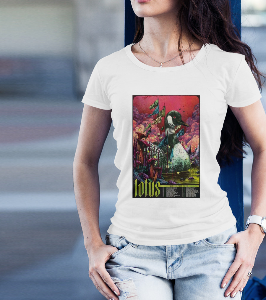 Lotus Tour Winter 2025 Surreal Nature Scene With Flags And Loon T-Shirt