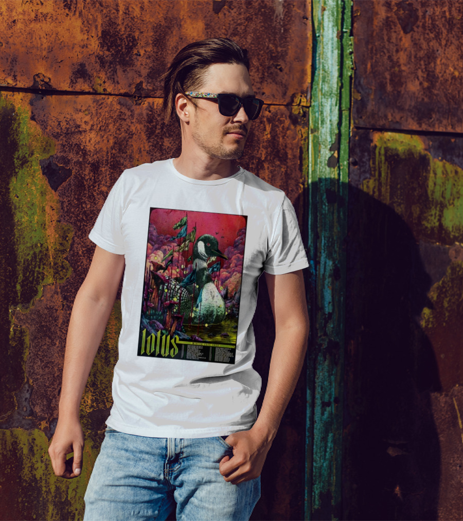 Lotus Tour Winter 2025 Surreal Nature Scene With Flags And Loon T-Shirt