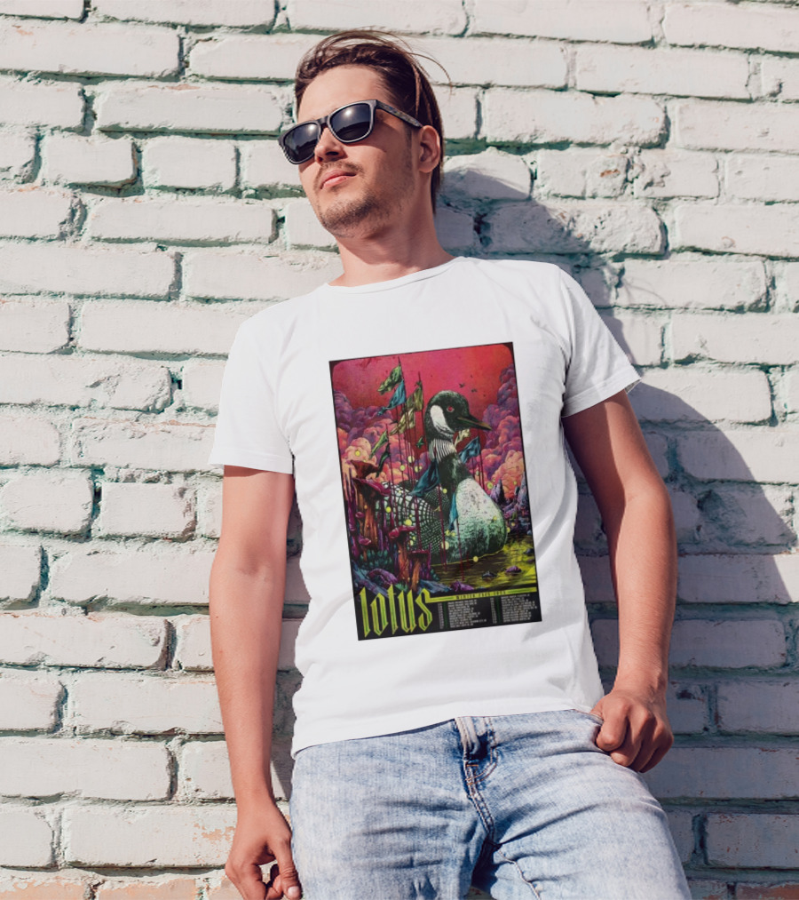 Lotus Tour Winter 2025 Surreal Nature Scene With Flags And Loon T-Shirt