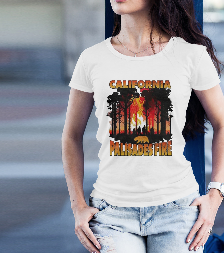 California Palisades Fire 2025 Forest Silhouette And Flames With Bear T-Shirt
